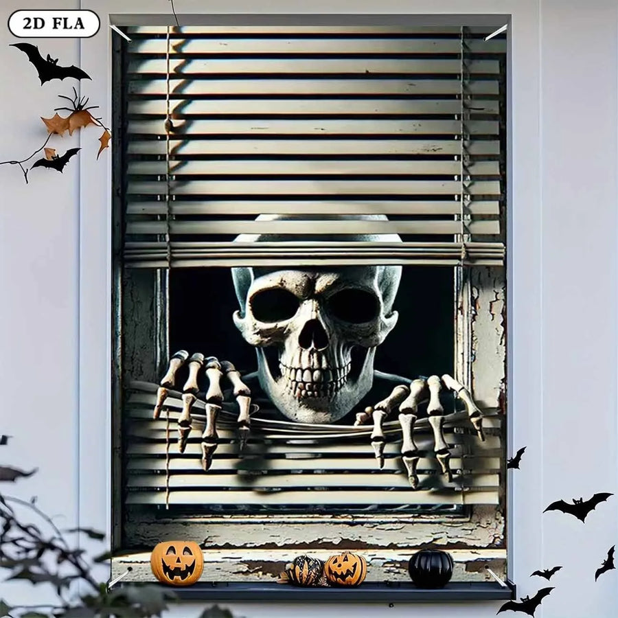 Halloween Skeleton Peeking Window Backdrop