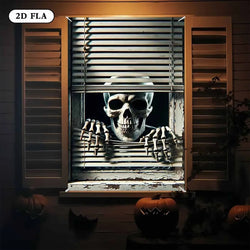 Halloween Skeleton Peeking Window Backdrop
