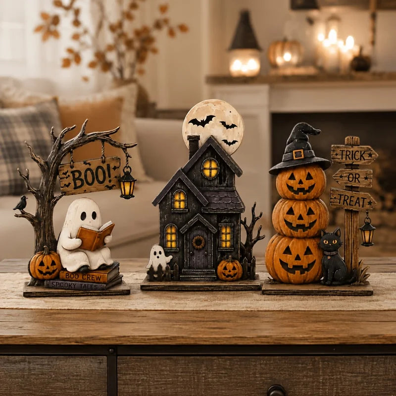 6/3 Pieces of Randomly Assorted Styles, Vintage Halloween Wooden Indoor Decorations, Autumn Decorations, Vintage Wooden Blocks, Can Be Used for Shelf Decoration, Featuring Elements Such as Ghosts, Black Cats, Pumpkins,